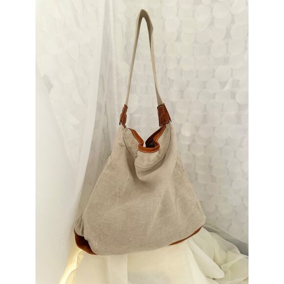 TERRA PAX Large Linen HEMP Slouchy Shoulder Bag Beige Leather Trim Sustainable - Picture 6 of 9